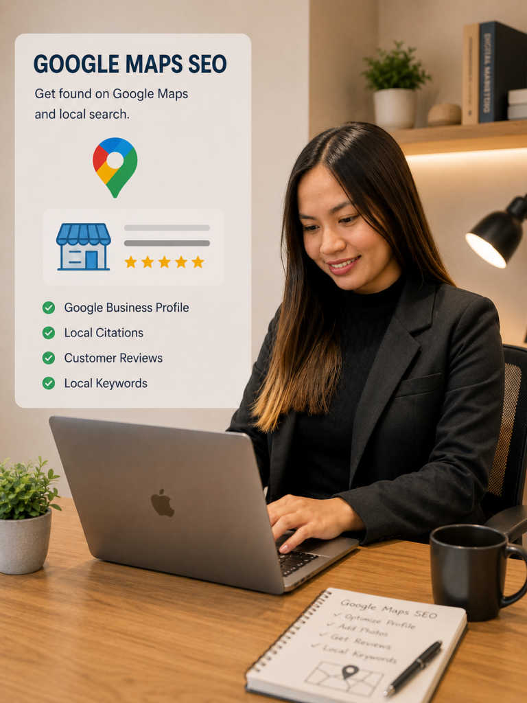 Woman working on Google Maps SEO and local business optimization.