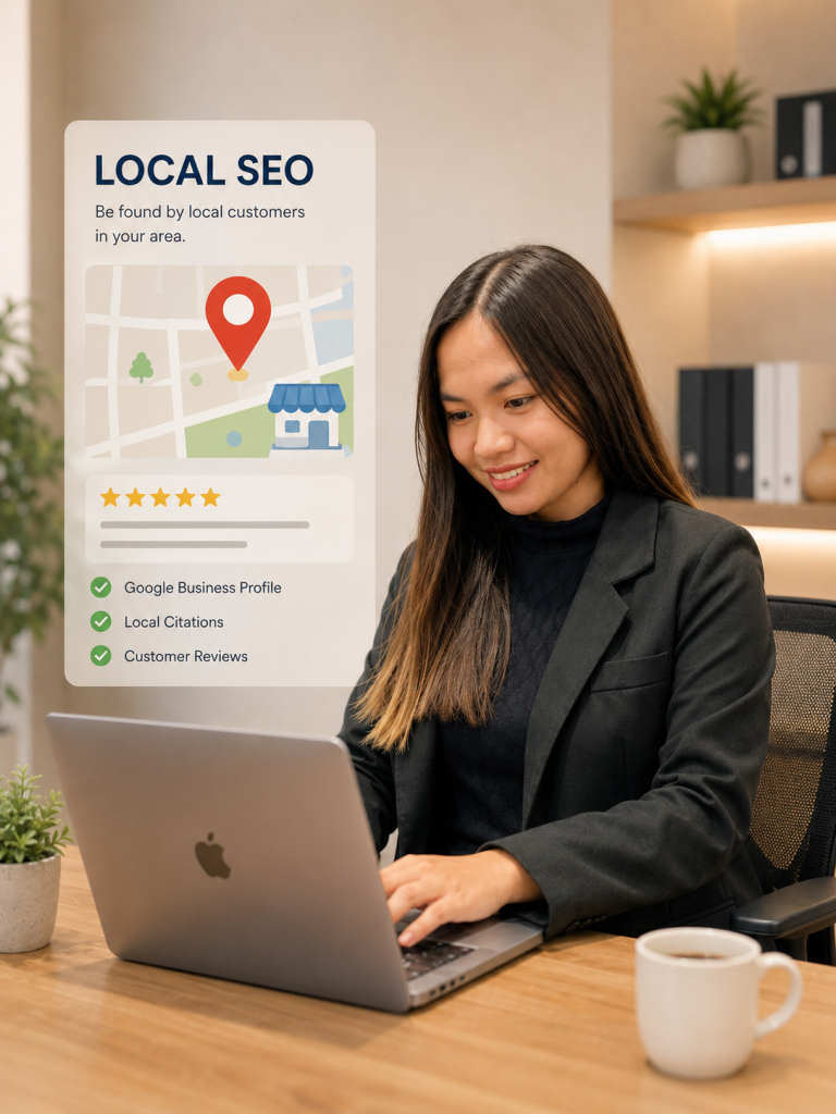 Woman working on local SEO strategy on laptop in a modern office workspace.