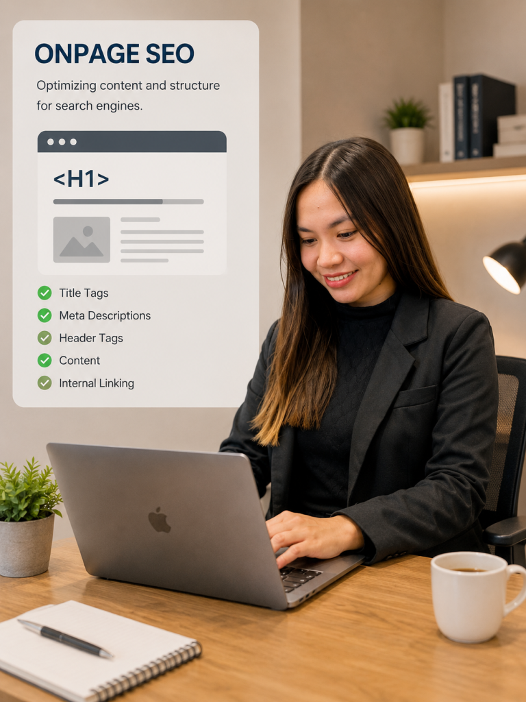 Woman optimizing website content for on-page SEO on her laptop.