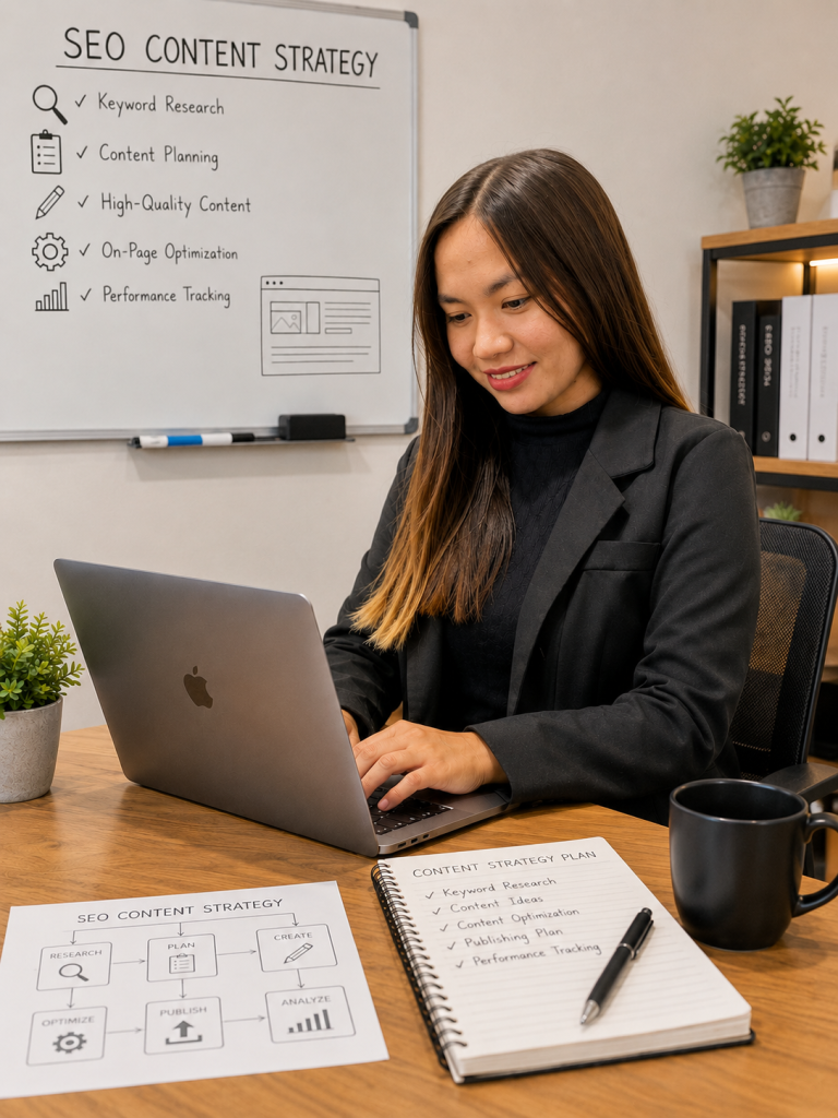 SEO specialist planning content strategy while working on a laptop.