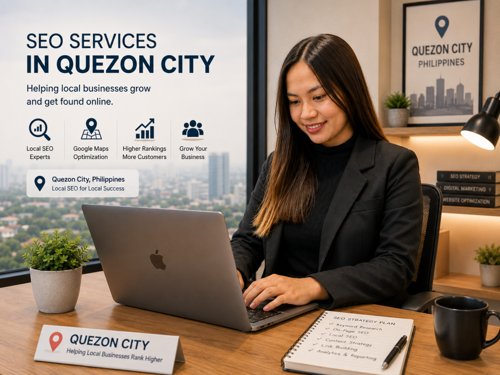 SEO specialist in Quezon City working on local SEO strategies using a laptop in a modern office.