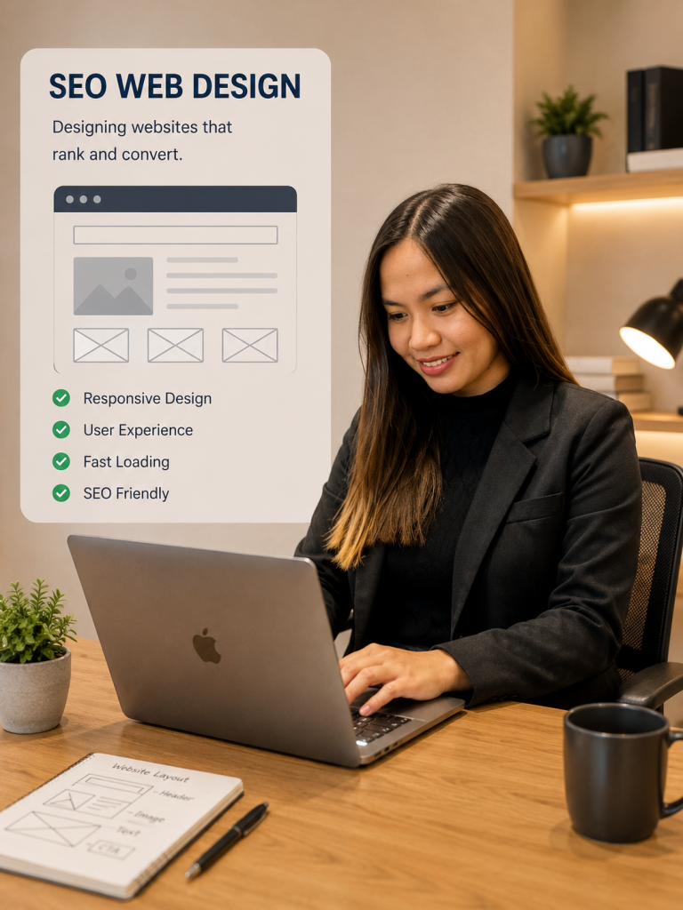 SEO web designer creating responsive website layouts on a laptop.
