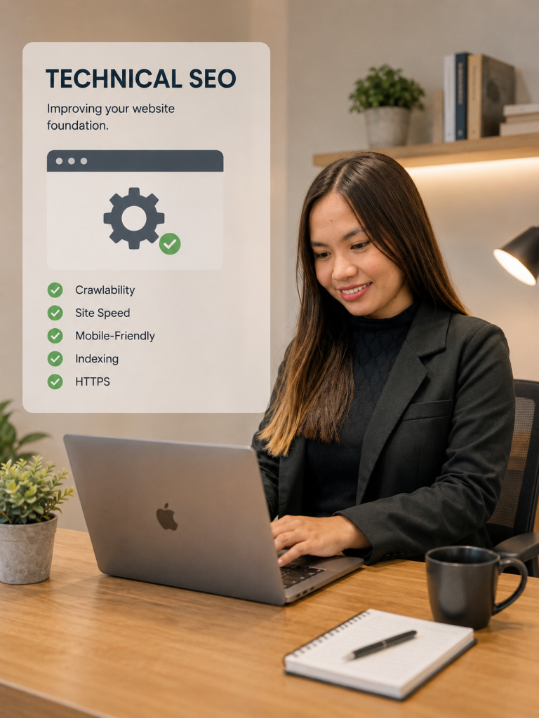 SEO specialist working on technical SEO improvements using a laptop in an office.
