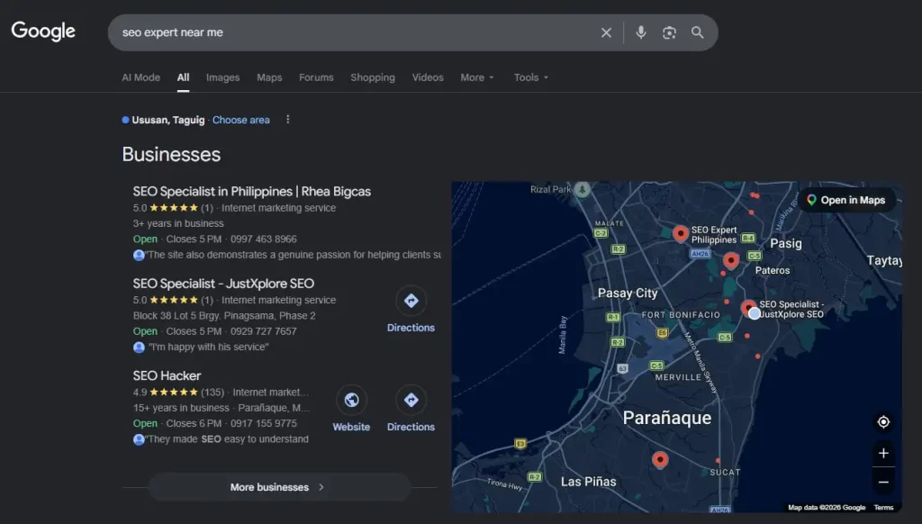 Google local search result for SEO expert near me featuring Rhea Bigcas