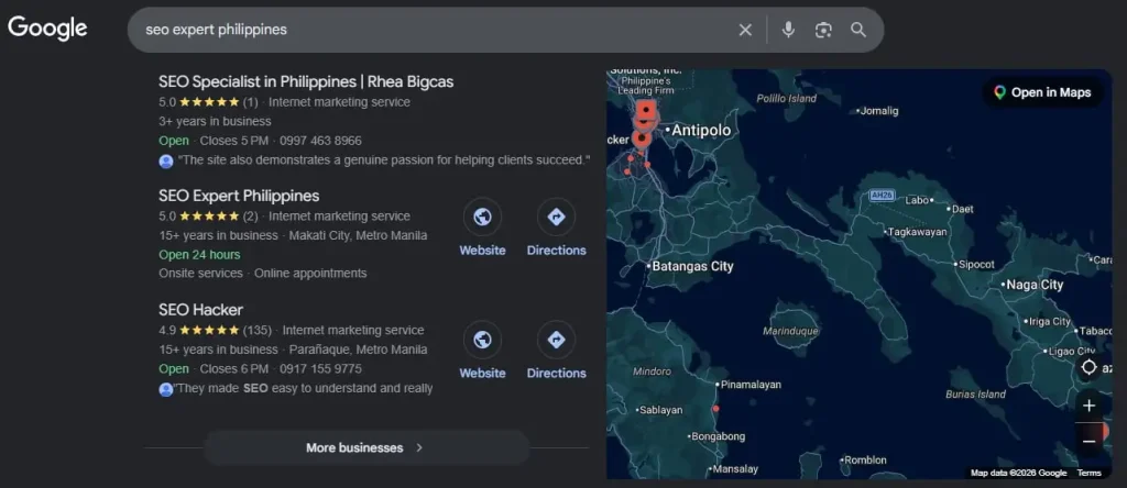 Google search visibility for SEO expert Philippines keyword