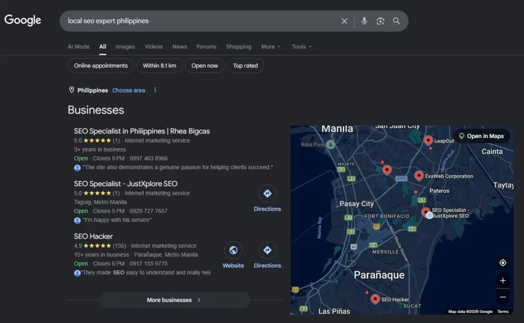 Google search result for local SEO expert Philippines featuring Rhea Bigcas business profile