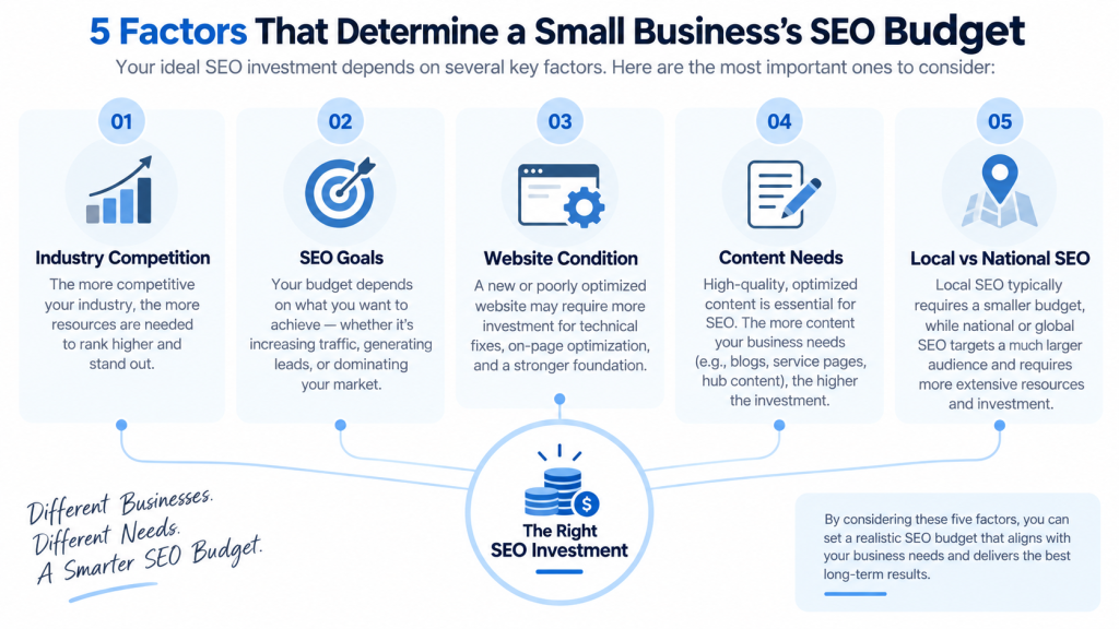 Infographic showing five factors that determine a small business SEO budget