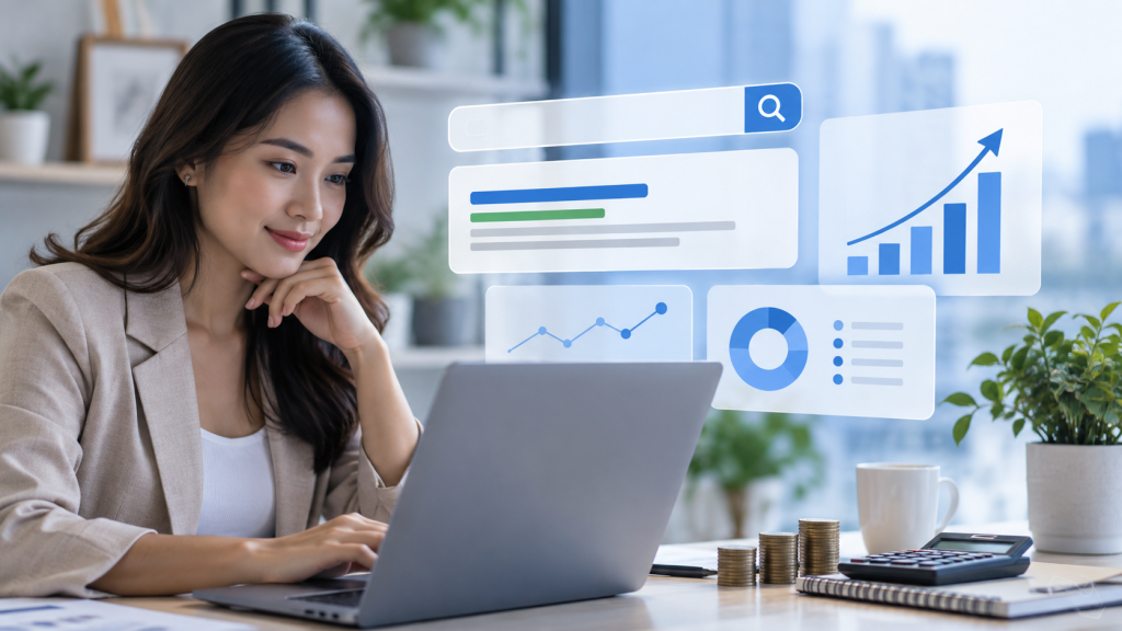 Small business owner reviewing SEO analytics and website growth on a laptop